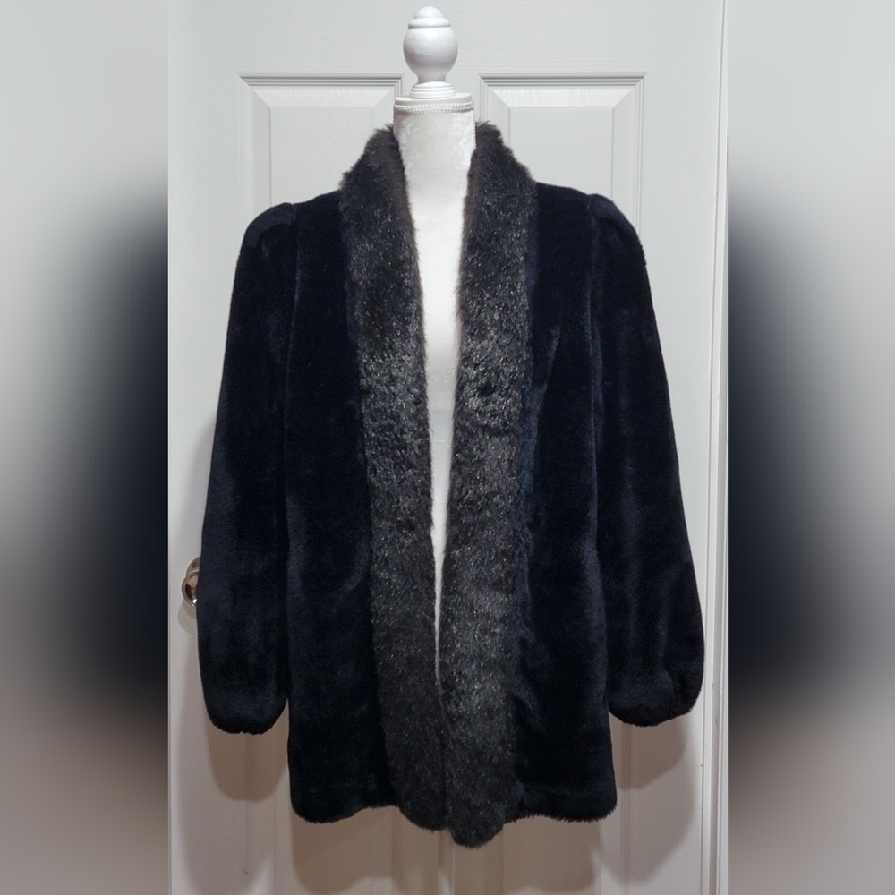 Vintage 80s Jordache Black Faux Fur Coat Women's Size 8